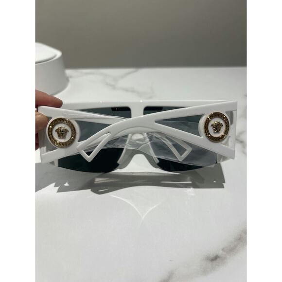 Versace Unisex Shield Sunglasses in Black with White Accents - Picture 2 of 4